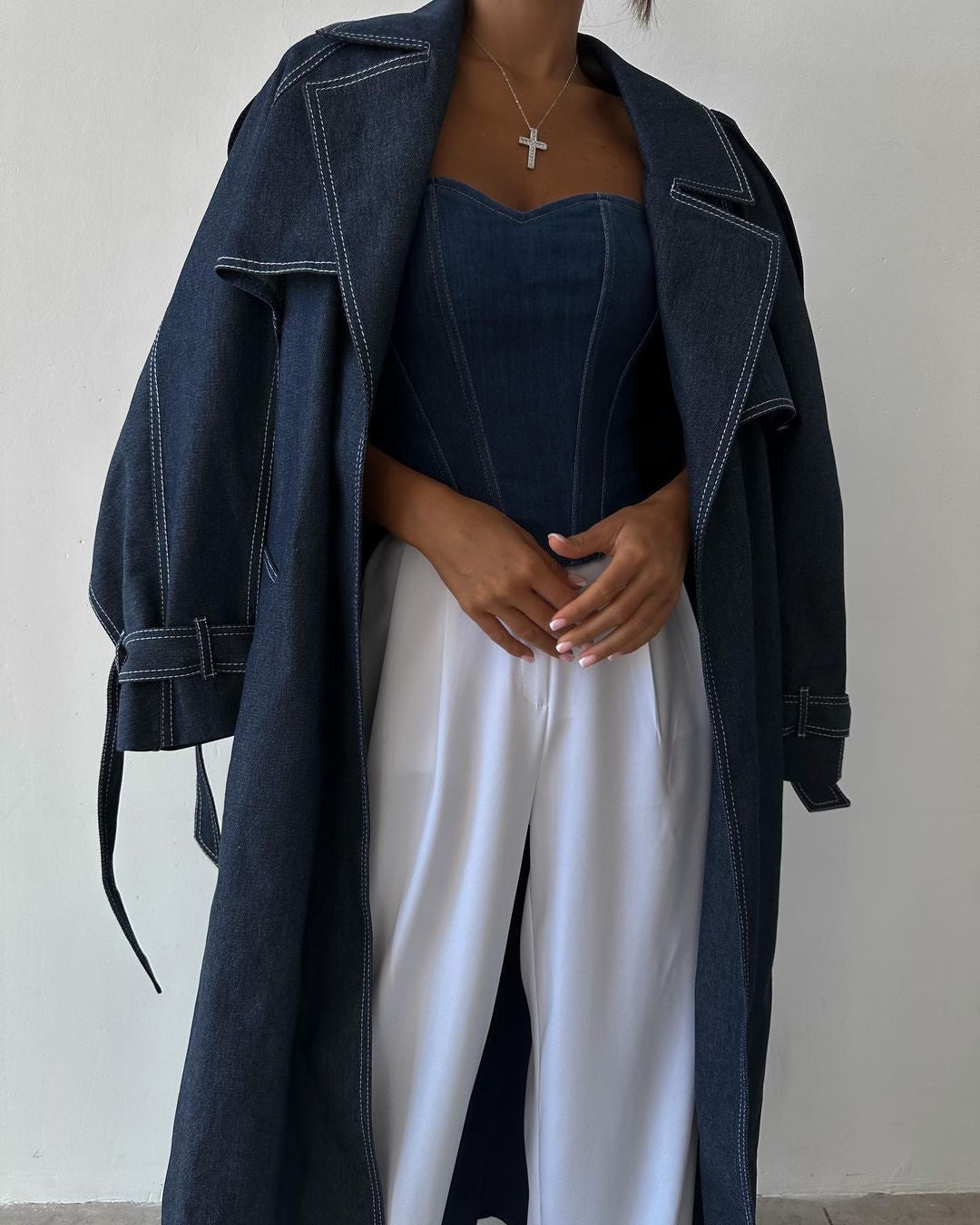 Denim stitch trench coat