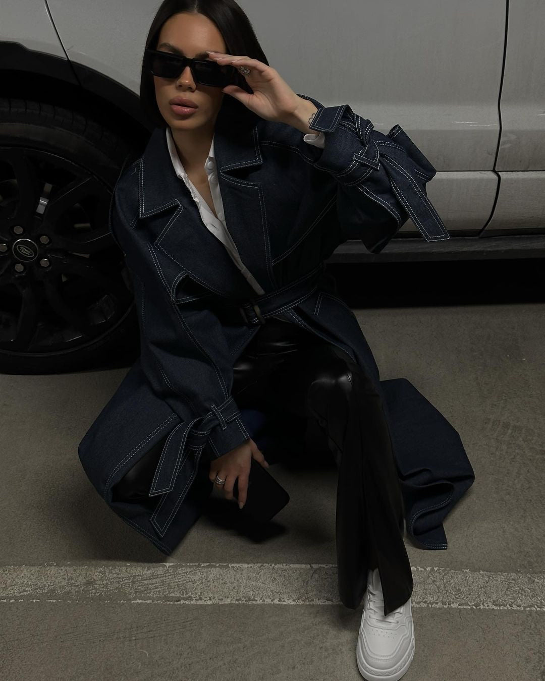 Denim stitch trench coat