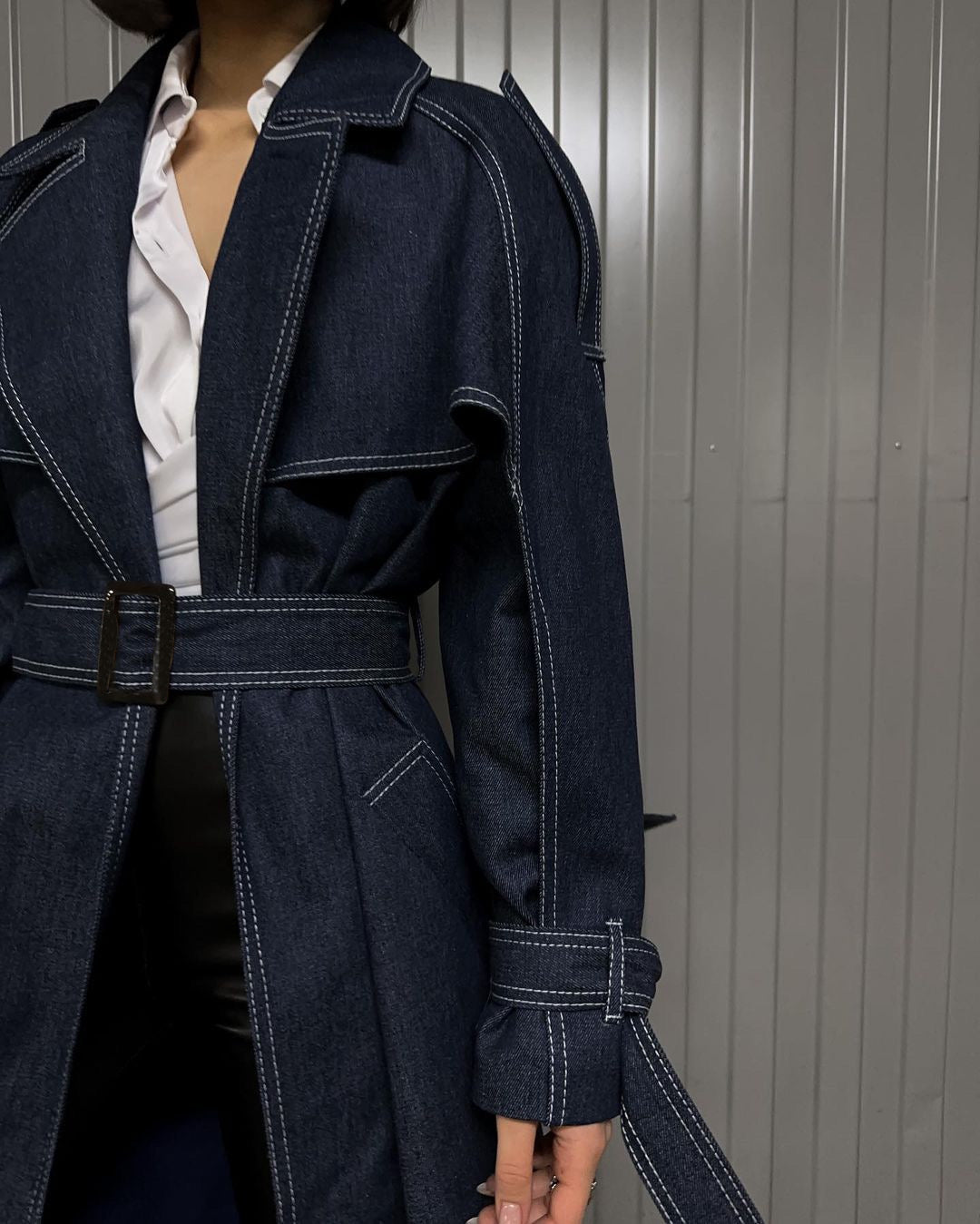 Denim stitch trench coat